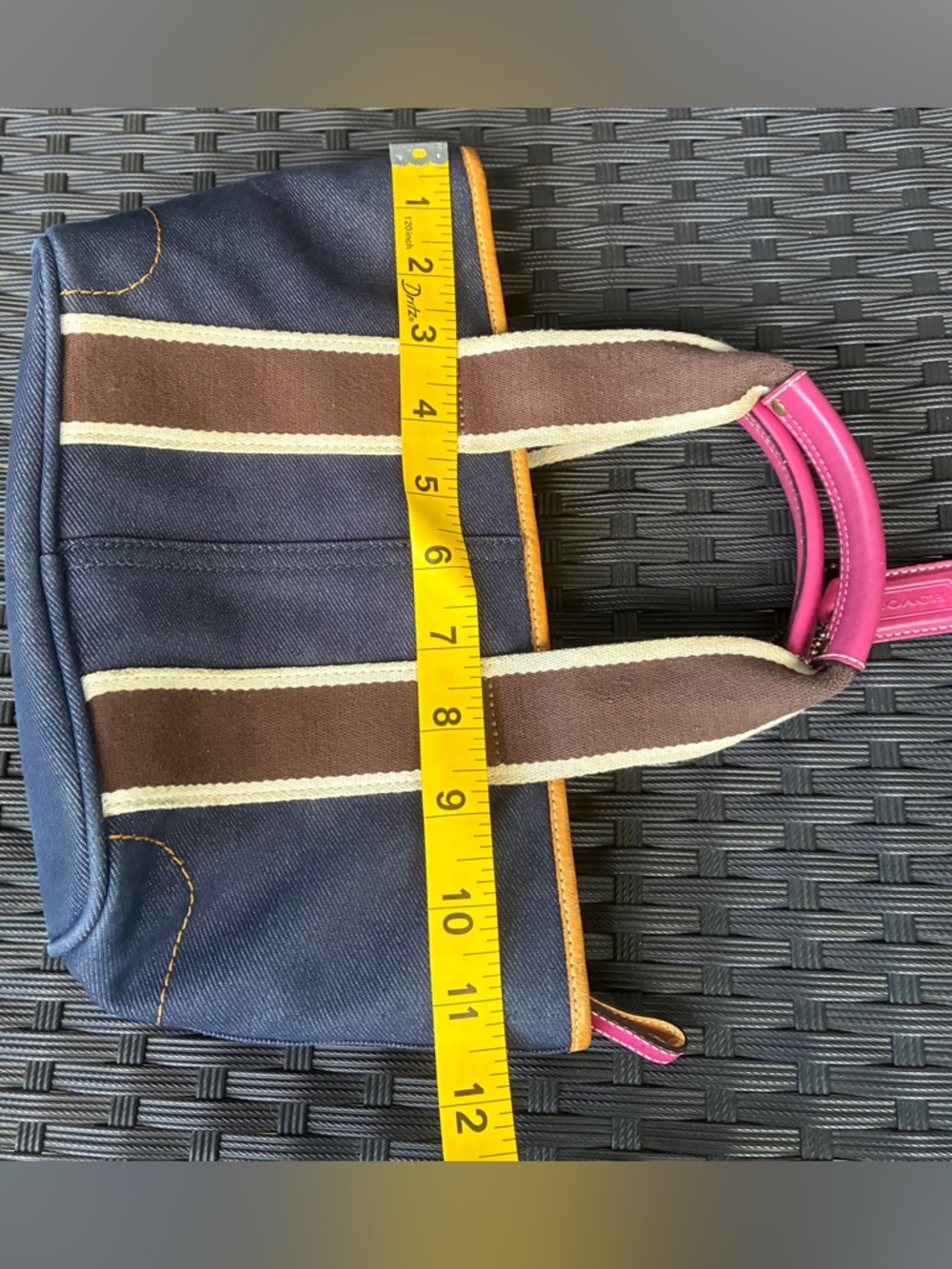 Coach Navy Denim Tote with Brown Straps and Pink Trim - Picture 5 of 16
